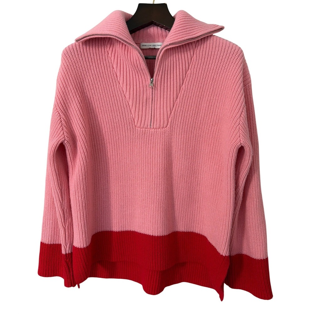 English Factory Pink Red‎ Colorblock 1/4 Zip Pullover Sweater Womens Medium M